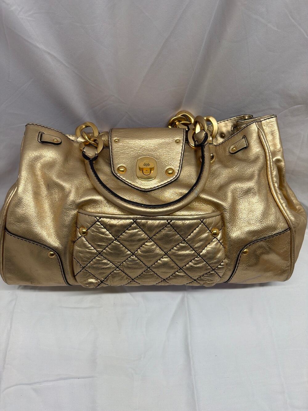 Vintage Y2K Juicy Couture Metallic Gold Leather Turnlock Satchel Bag